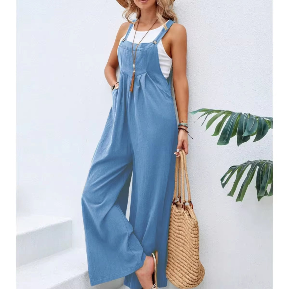 Summer Trendy New Pants Women Cotton Casual Jumpsuit Solid Multi-Color Wide Leg Straight Pants Office Lady'S All-Match Trousers