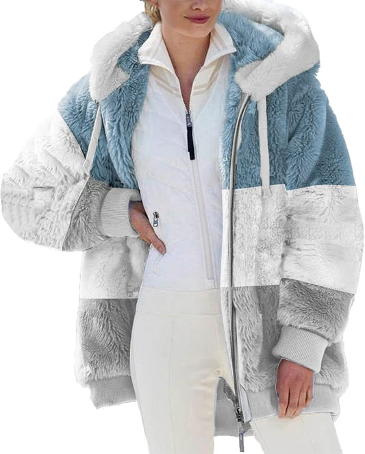 Womens Fleece Jackets Casual Fall Winter Warm Thick Shaggy Fuzzy Zip up Hoodies Solid Coats Outwear with Pockets