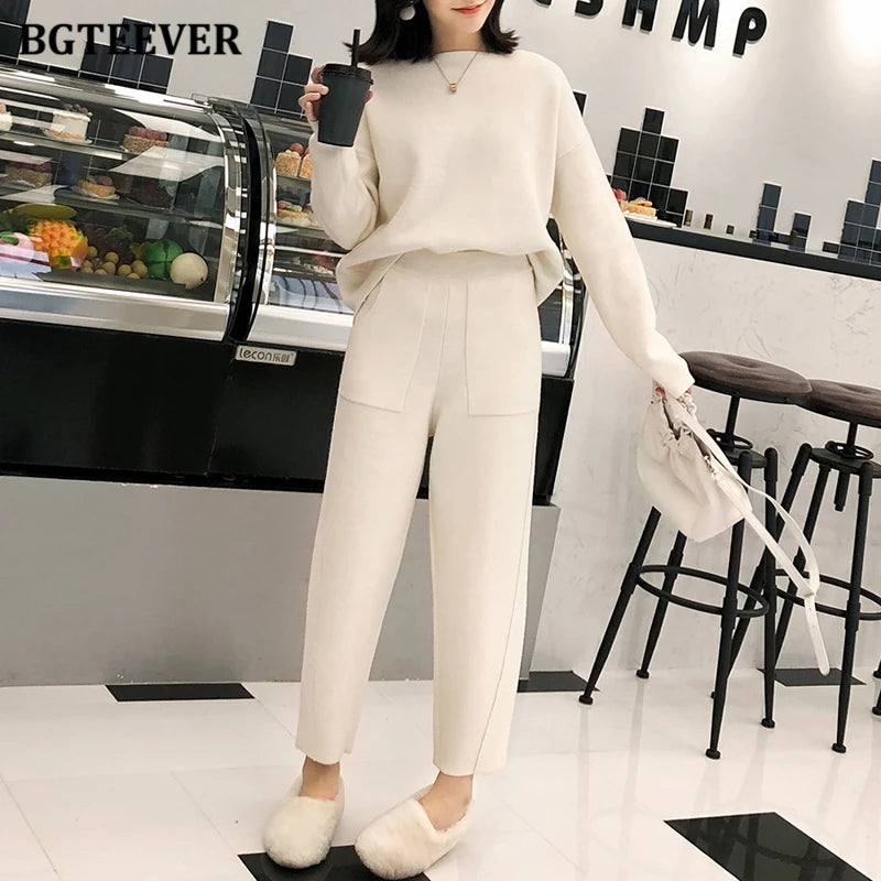 2021 Winter Casual Thick Sweater Tracksuits O-Neck Jumpers & Elastic Waist Pants Suit Female Knitted 2 Pieces Set