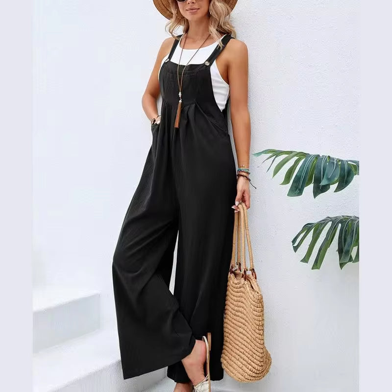 Summer Trendy New Pants Women Cotton Casual Jumpsuit Solid Multi-Color Wide Leg Straight Pants Office Lady'S All-Match Trousers