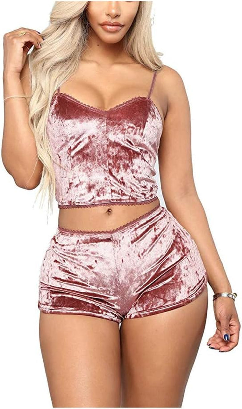 Women's Velvet 2 Piece Outfit Spaghetti Strap Sleeveless Crop Top Camisole and Shorts Pajamas Set Sleepwear Nightwear