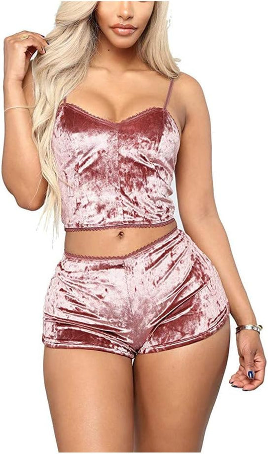 Women's Velvet 2 Piece Outfit Spaghetti Strap Sleeveless Crop Top Camisole and Shorts Pajamas Set Sleepwear Nightwear