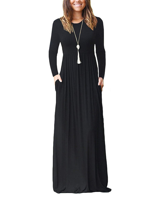 AUSELILY Women's Long Sleeve Dress Loose Plain Long Casual Maxi Dresses with Pockets 2024 New