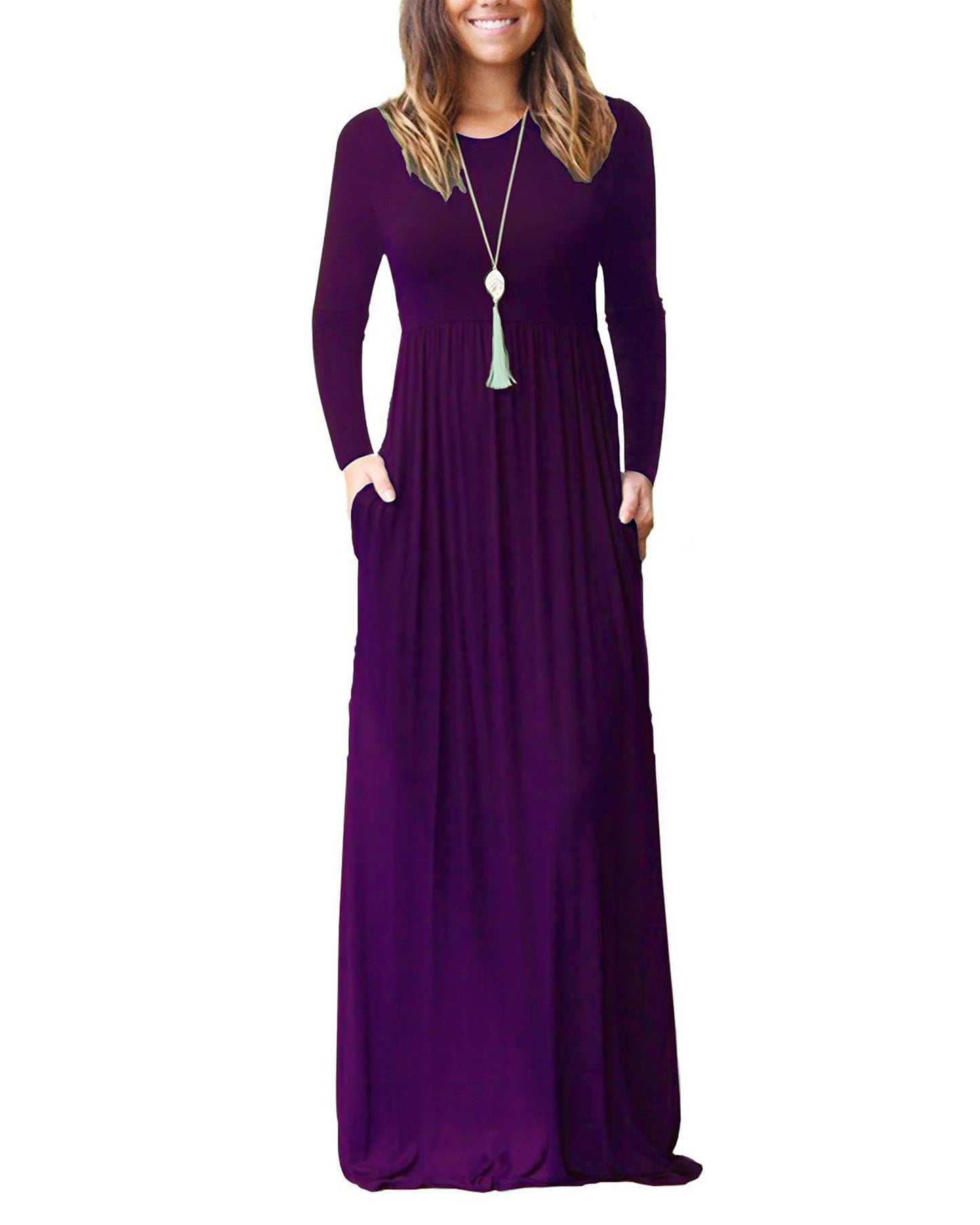 AUSELILY Women's Long Sleeve Dress Loose Plain Long Casual Maxi Dresses with Pockets 2024 New