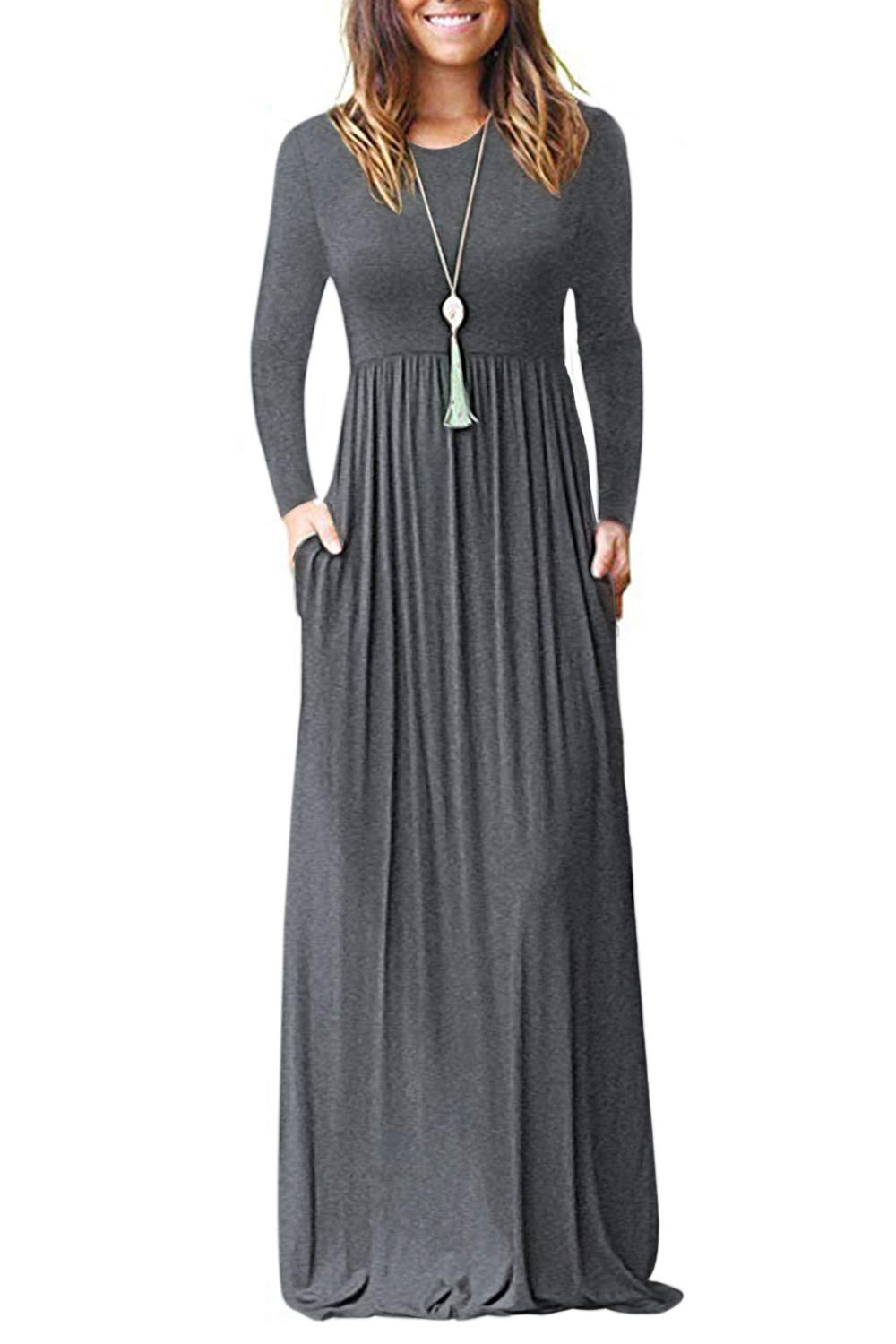 AUSELILY Women's Long Sleeve Dress Loose Plain Long Casual Maxi Dresses with Pockets 2024 New