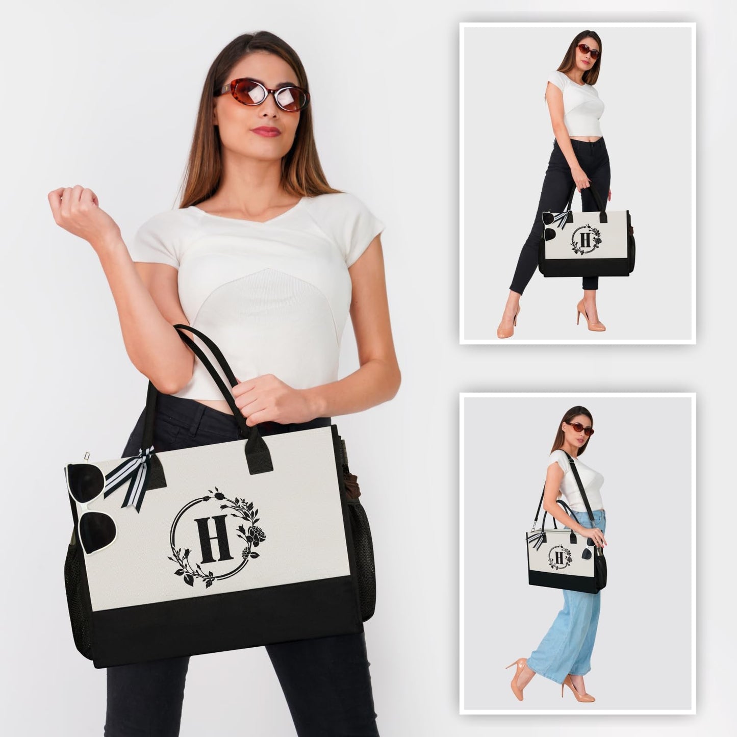 TOPDesign Personalized Initial Tote Bag with 5 Pockets, Top Zipper Closure, Birthday Gift Set for Women, Mom, Teachers