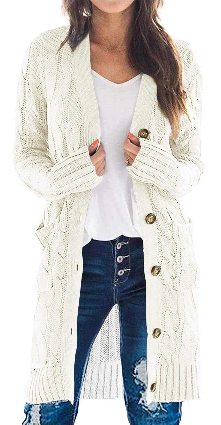 PRETTYGARDEN Long Sleeve Cable Knit Long Cardigan for Women 2024 Fall Winter Chunky Open Front Button Sweaters with Pockets