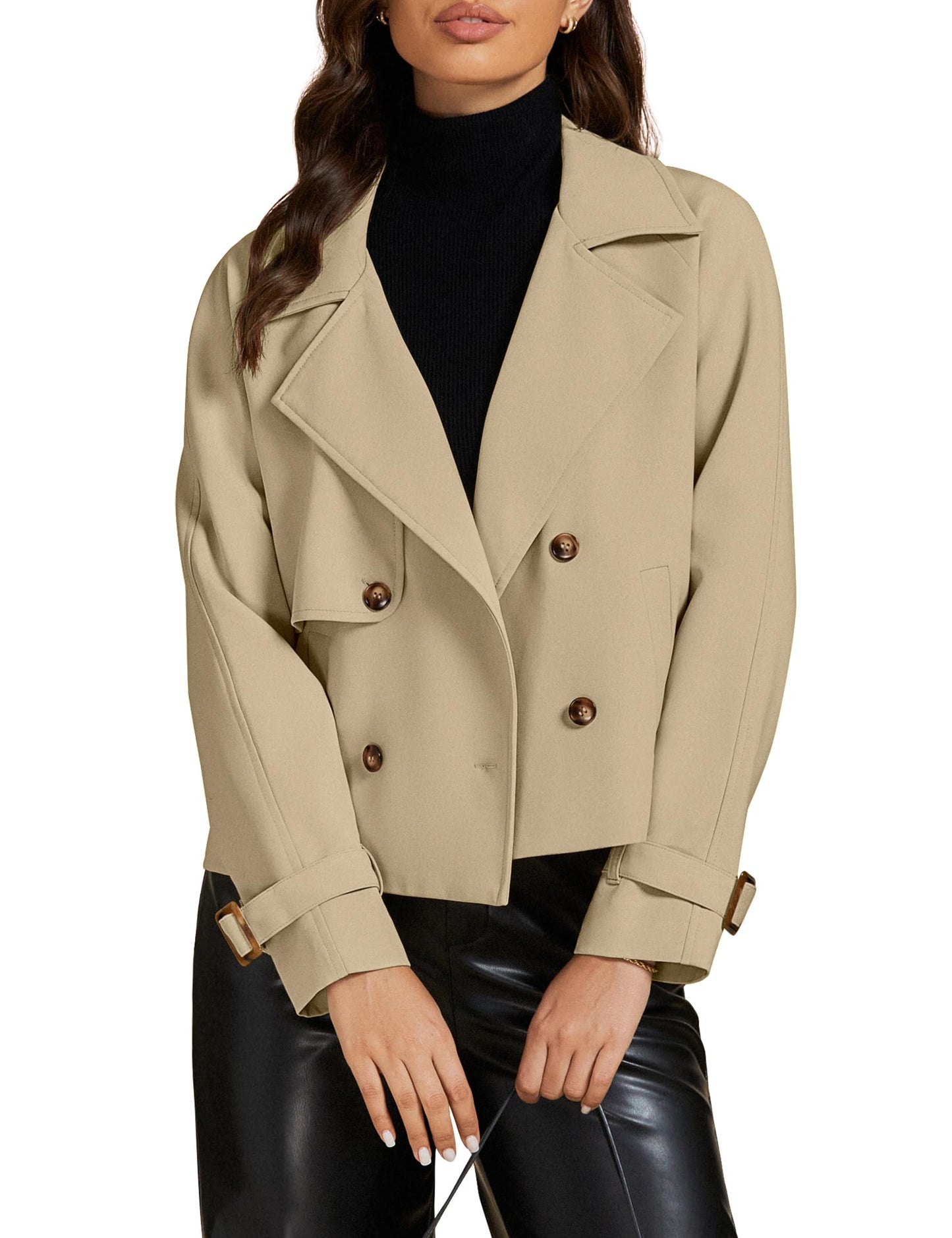 luvamia Cropped Trench Coat for Women Long Sleeve Double Breasted Notched Lapel Casual Loose Fit Jackets with Pockets