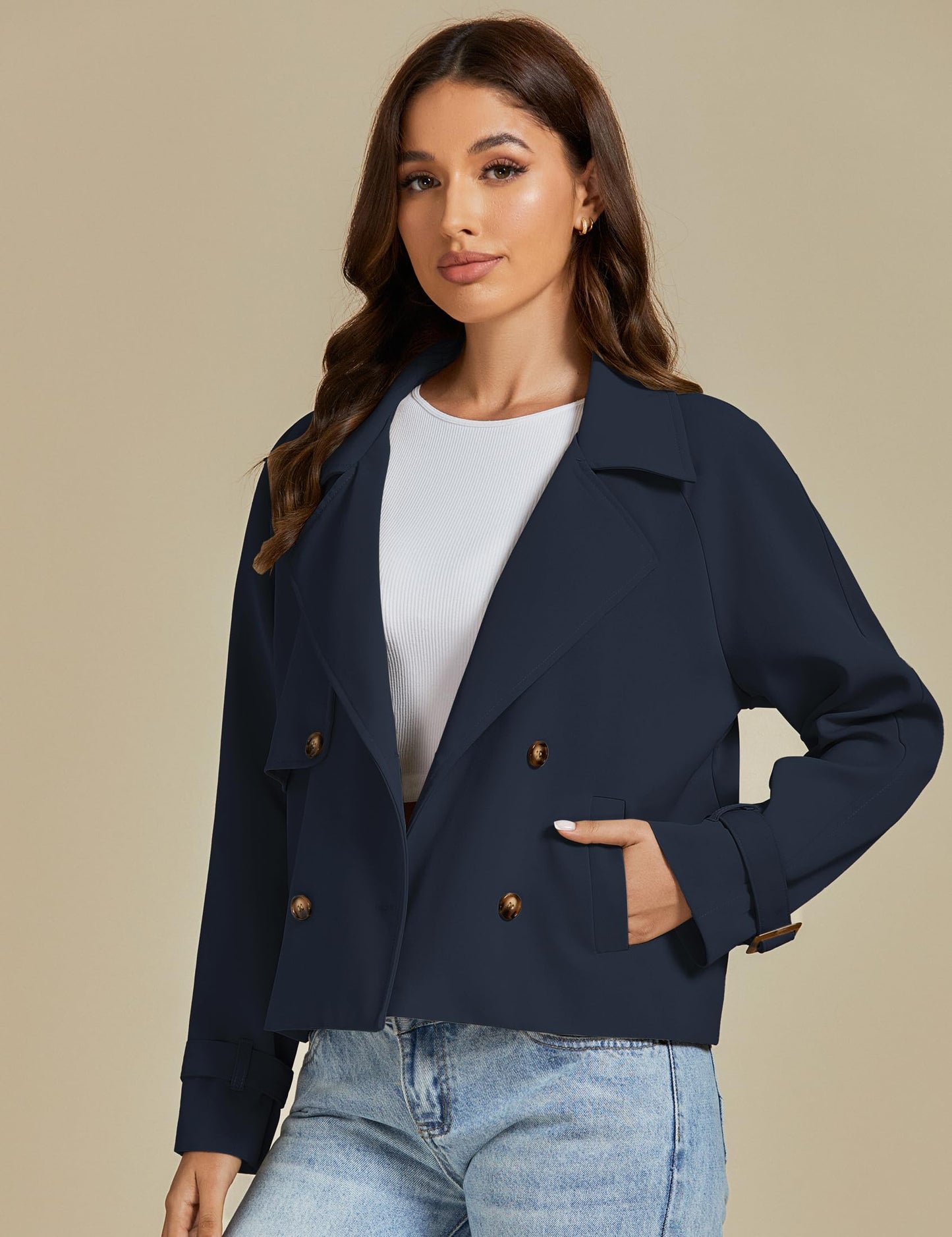 luvamia Cropped Trench Coat for Women Long Sleeve Double Breasted Notched Lapel Casual Loose Fit Jackets with Pockets