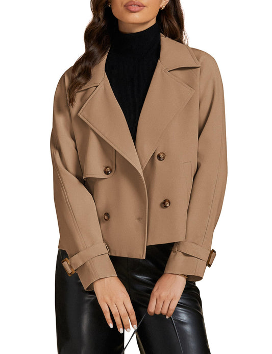 luvamia Cropped Trench Coat for Women Long Sleeve Double Breasted Notched Lapel Casual Loose Fit Jackets with Pockets