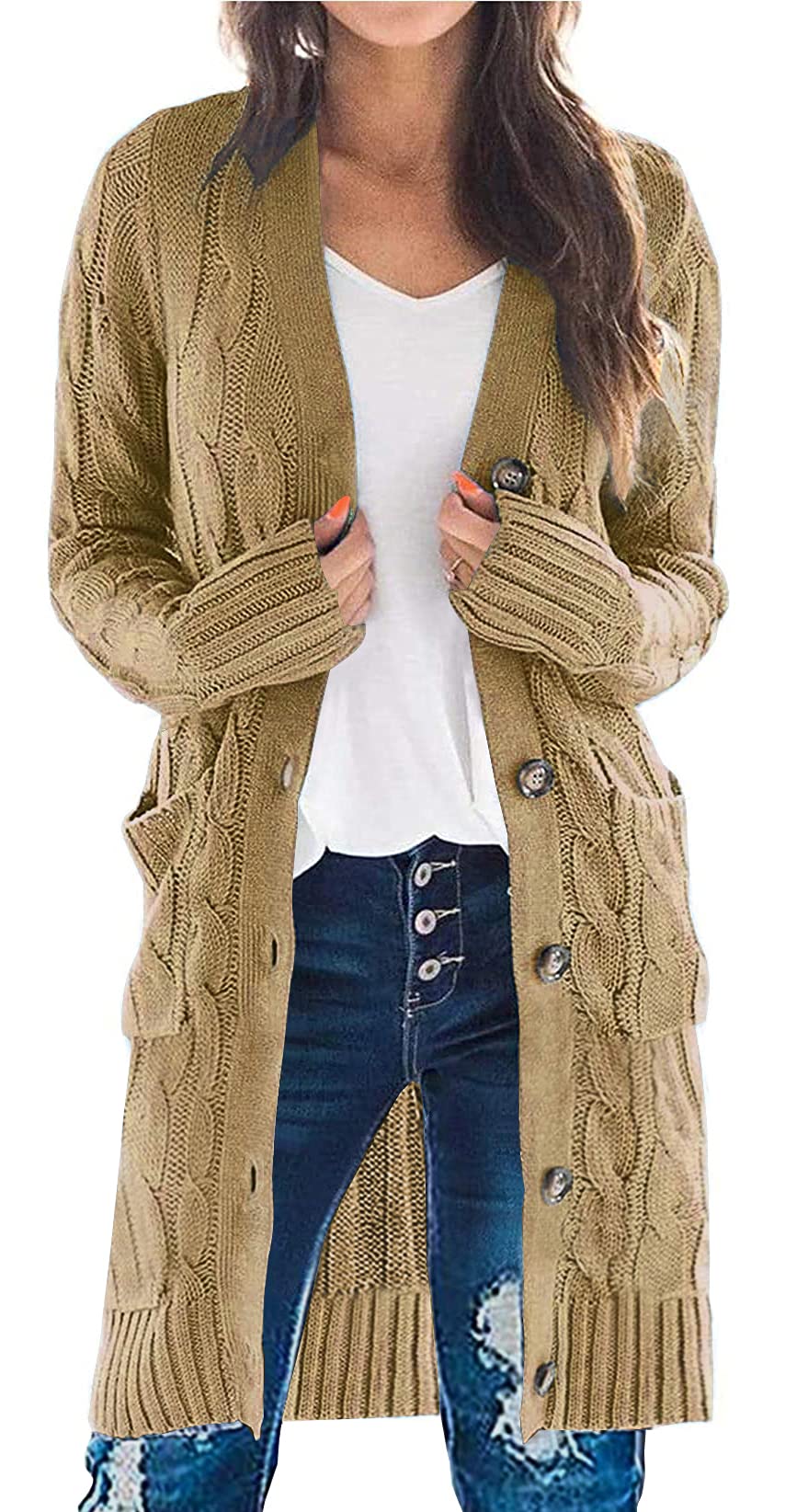 PRETTYGARDEN Long Sleeve Cable Knit Long Cardigan for Women 2024 Fall Winter Chunky Open Front Button Sweaters with Pockets