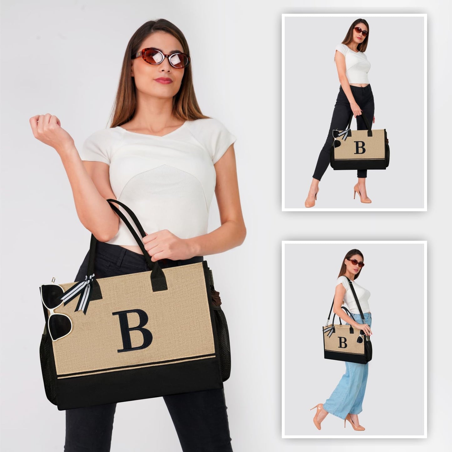 TOPDesign Personalized Initial Tote Bag with 5 Pockets, Top Zipper Closure, Birthday Gift Set for Women, Mom, Teachers