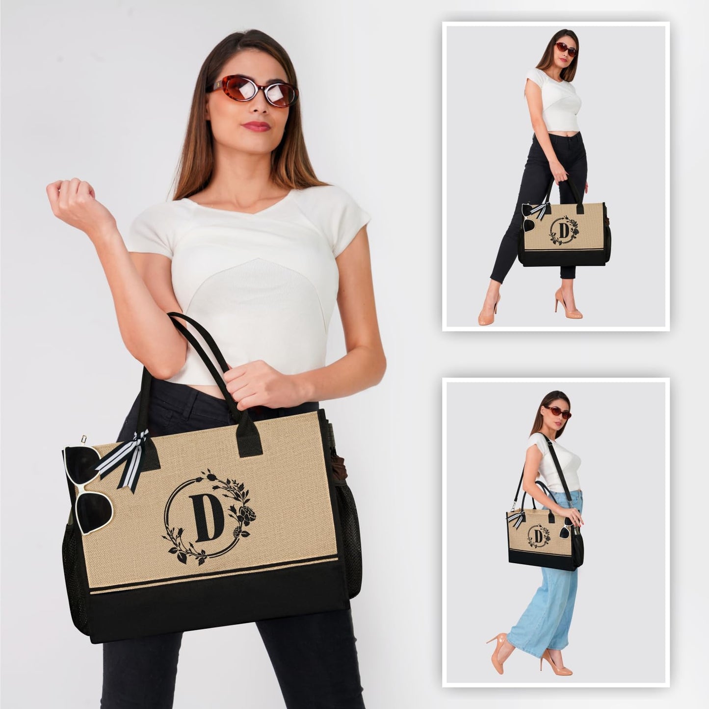 TOPDesign Personalized Initial Tote Bag with 5 Pockets, Top Zipper Closure, Birthday Gift Set for Women, Mom, Teachers