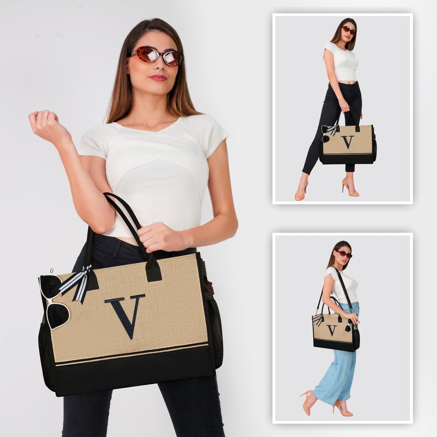 TOPDesign Personalized Initial Tote Bag with 5 Pockets, Top Zipper Closure, Birthday Gift Set for Women, Mom, Teachers