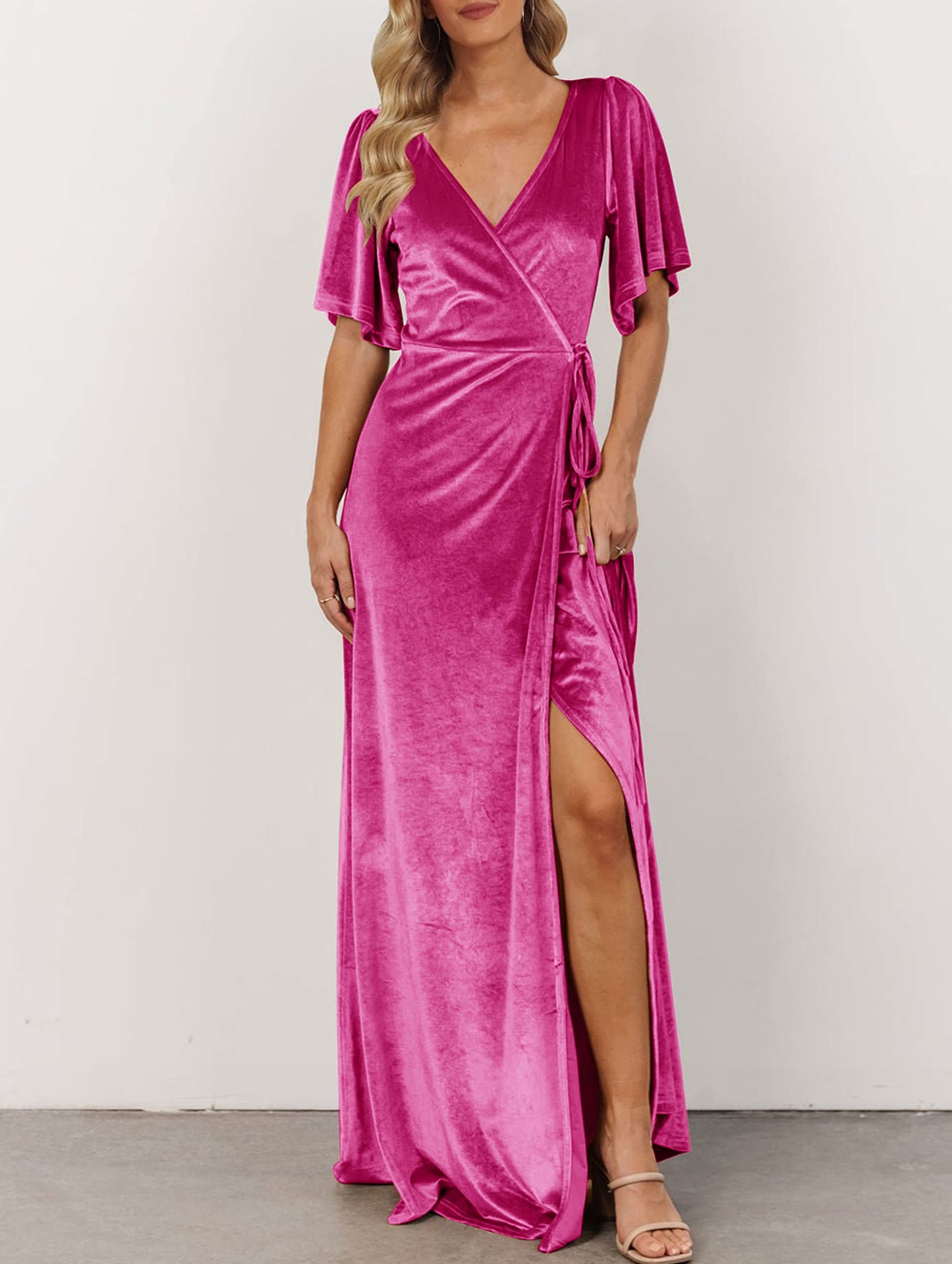 MEROKEETY Women's V Neck Wrap Velvet Maxi Dress Bell Sleeve Split Bridesmaid Cocktail Party Dresses