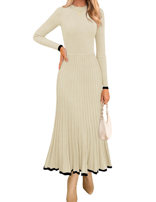 ZESICA Women's Long Sleeve Sweater Dress Fall Crewneck Ribbed Knit Pleated A-Line Maxi Wedding Guest Dresses