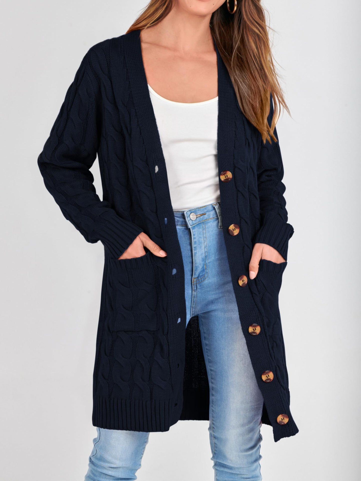 PRETTYGARDEN Long Sleeve Cable Knit Long Cardigan for Women 2024 Fall Winter Chunky Open Front Button Sweaters with Pockets