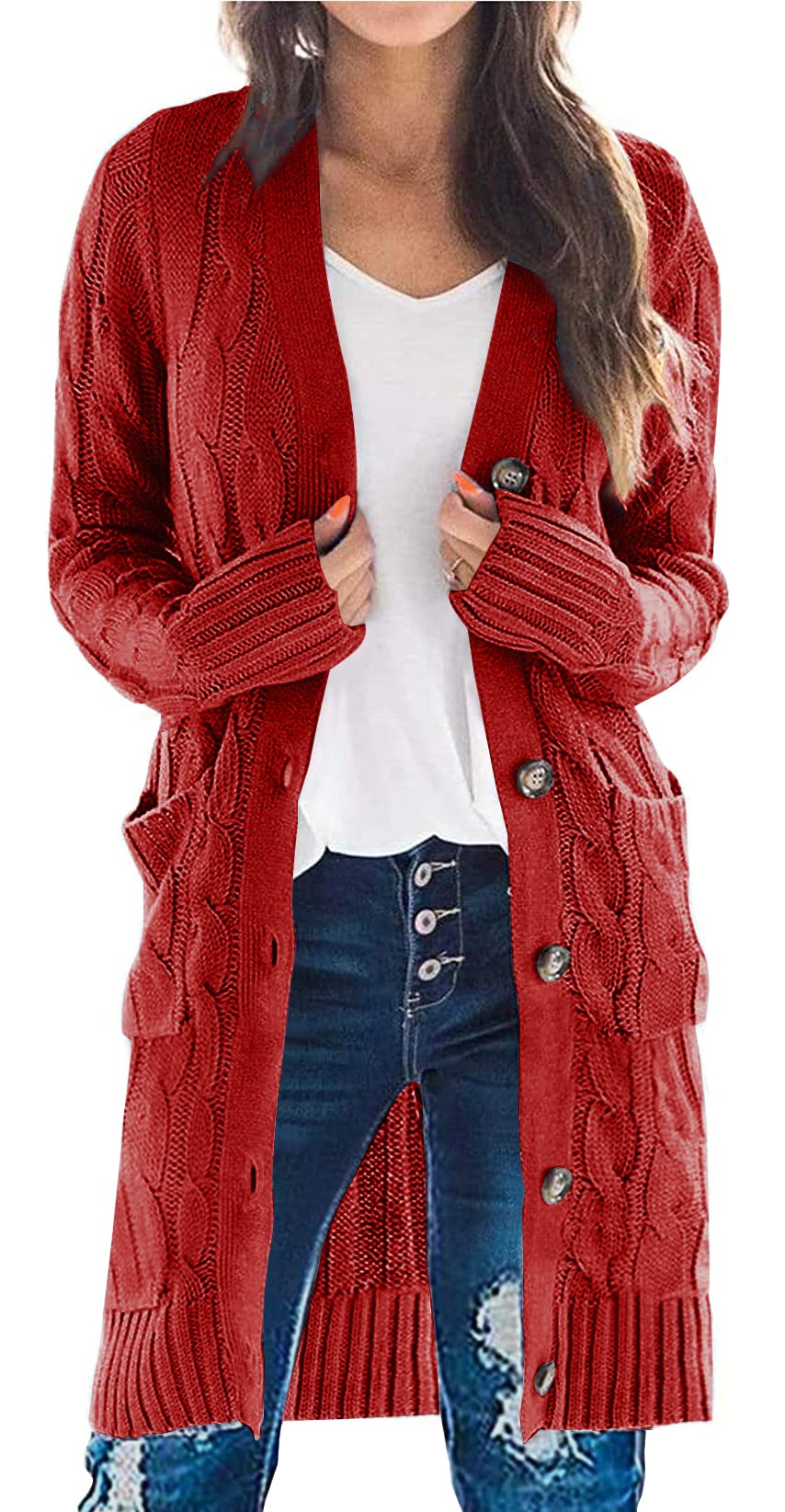 PRETTYGARDEN Long Sleeve Cable Knit Long Cardigan for Women 2024 Fall Winter Chunky Open Front Button Sweaters with Pockets