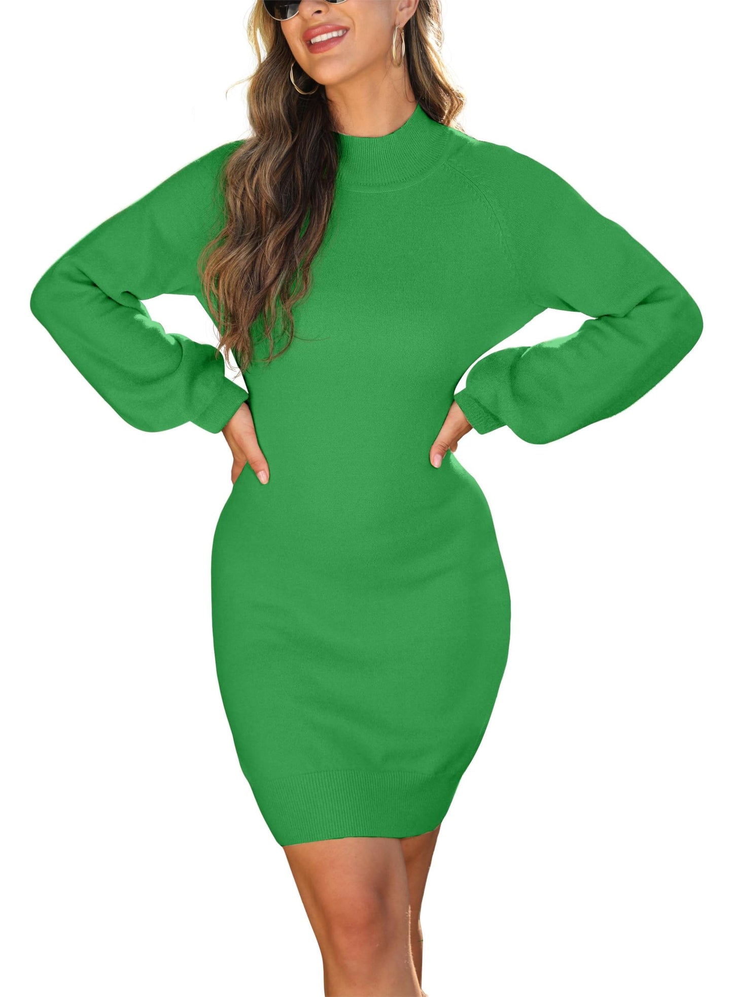 GRECERELLE Women's Mock Neck Ribbed Long Sleeve Bodycon Pullover Cute Mini Sweater Dress