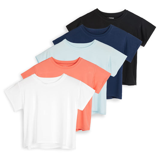 Real Essentials 5 Pack: Women's Dry Fit Crop Top - Short Sleeve Crew Neck Stretch Athletic Tee (Available in Plus Size)