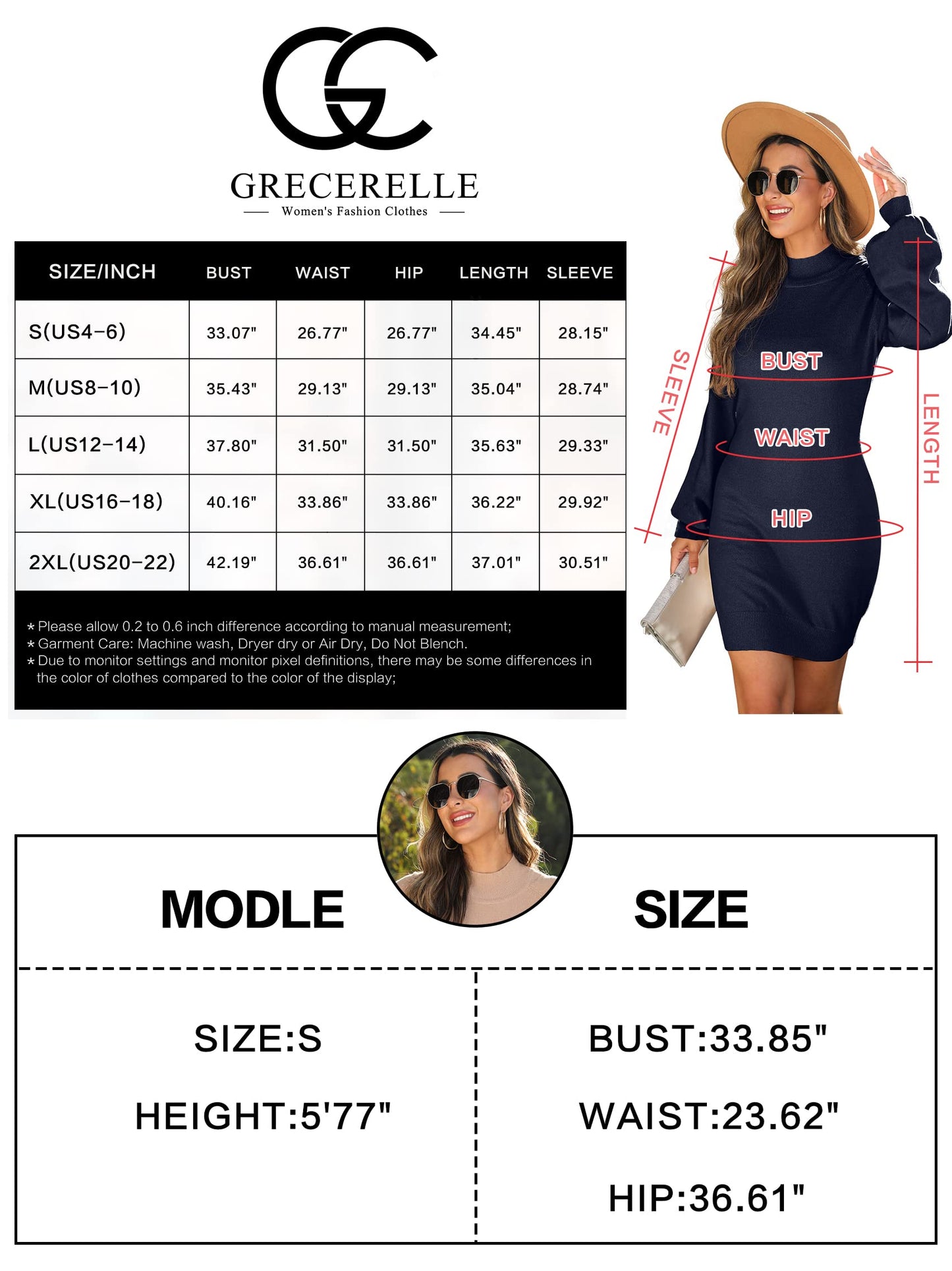 GRECERELLE Women's Mock Neck Ribbed Long Sleeve Bodycon Pullover Cute Mini Sweater Dress