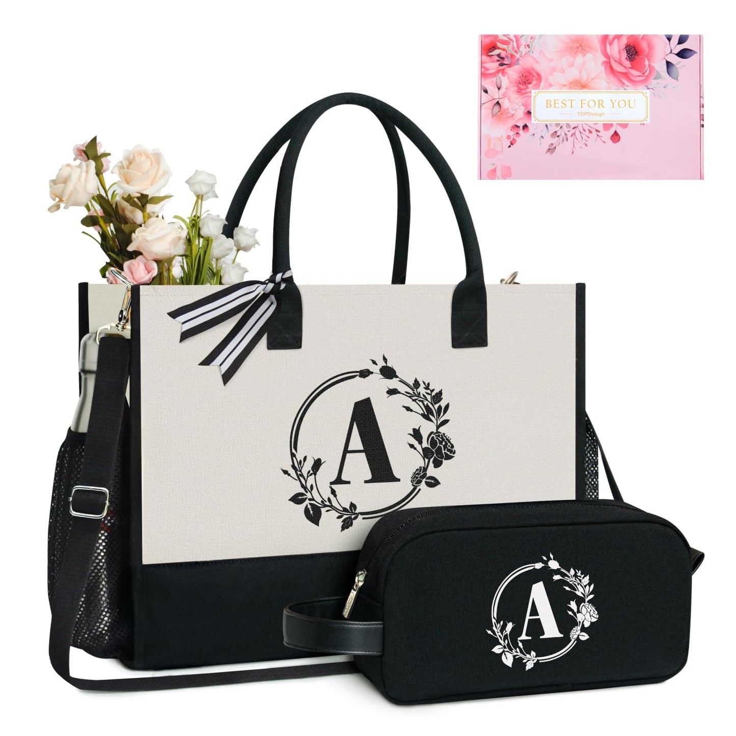 TOPDesign Personalized Initial Tote Bag with 5 Pockets, Top Zipper Closure, Birthday Gift Set for Women, Mom, Teachers