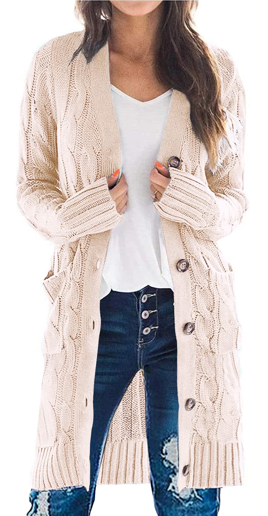 PRETTYGARDEN Long Sleeve Cable Knit Long Cardigan for Women 2024 Fall Winter Chunky Open Front Button Sweaters with Pockets