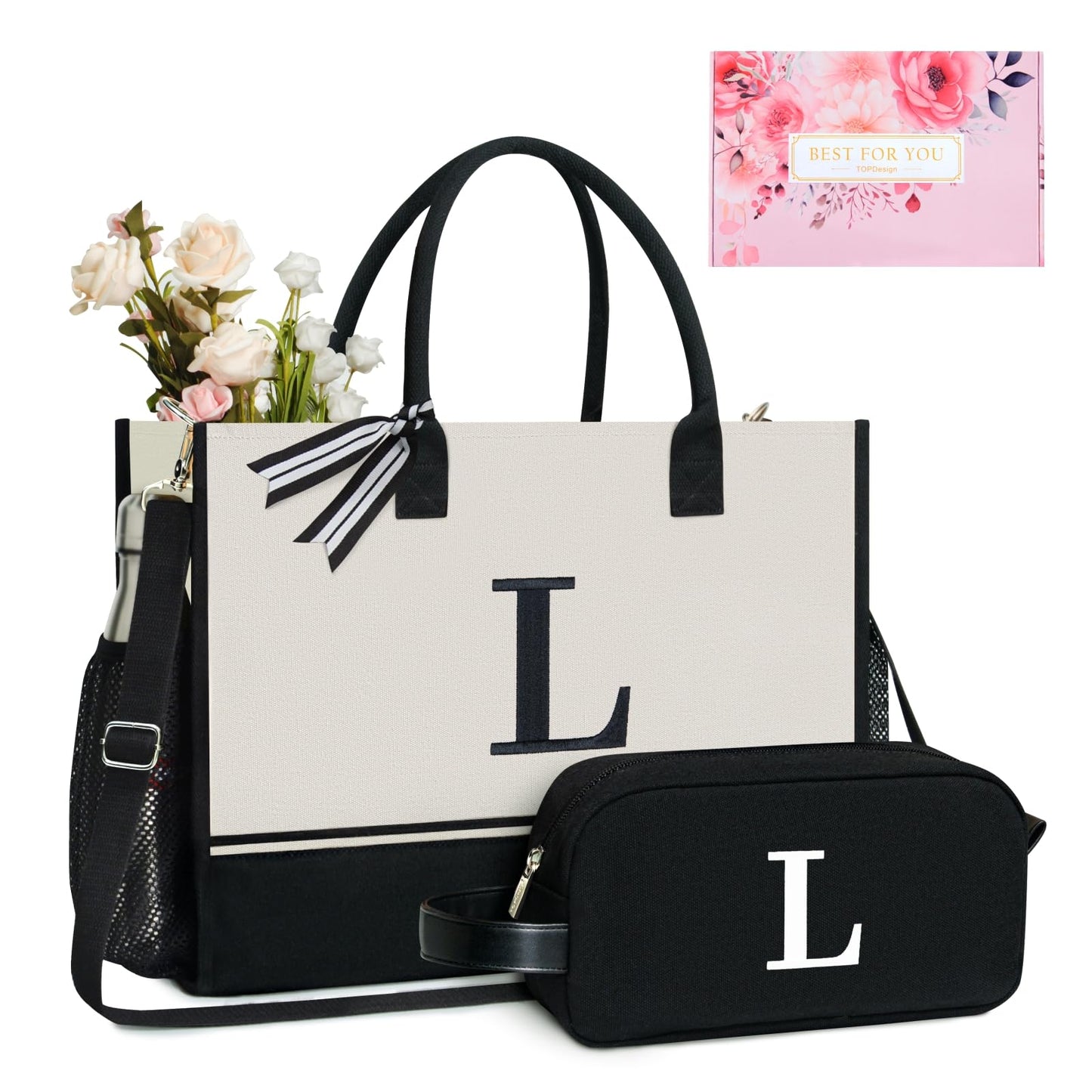 TOPDesign Personalized Initial Tote Bag with 5 Pockets, Top Zipper Closure, Birthday Gift Set for Women, Mom, Teachers