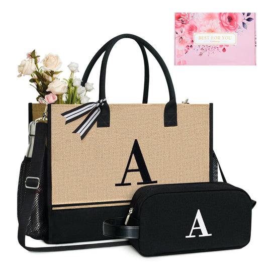 TOPDesign Personalized Initial Tote Bag with 5 Pockets, Top Zipper Closure, Birthday Gift Set for Women, Mom, Teachers