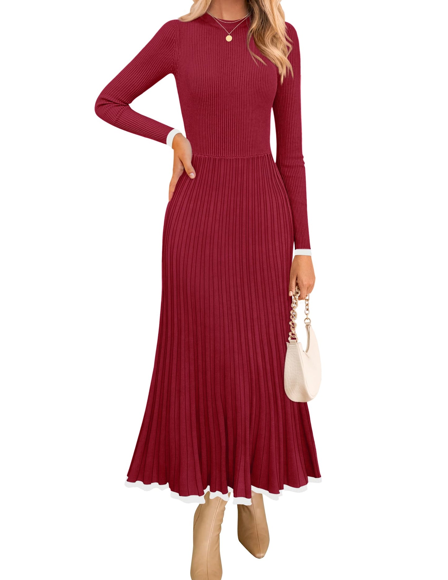 ZESICA Women's Long Sleeve Sweater Dress Fall Crewneck Ribbed Knit Pleated A-Line Maxi Wedding Guest Dresses