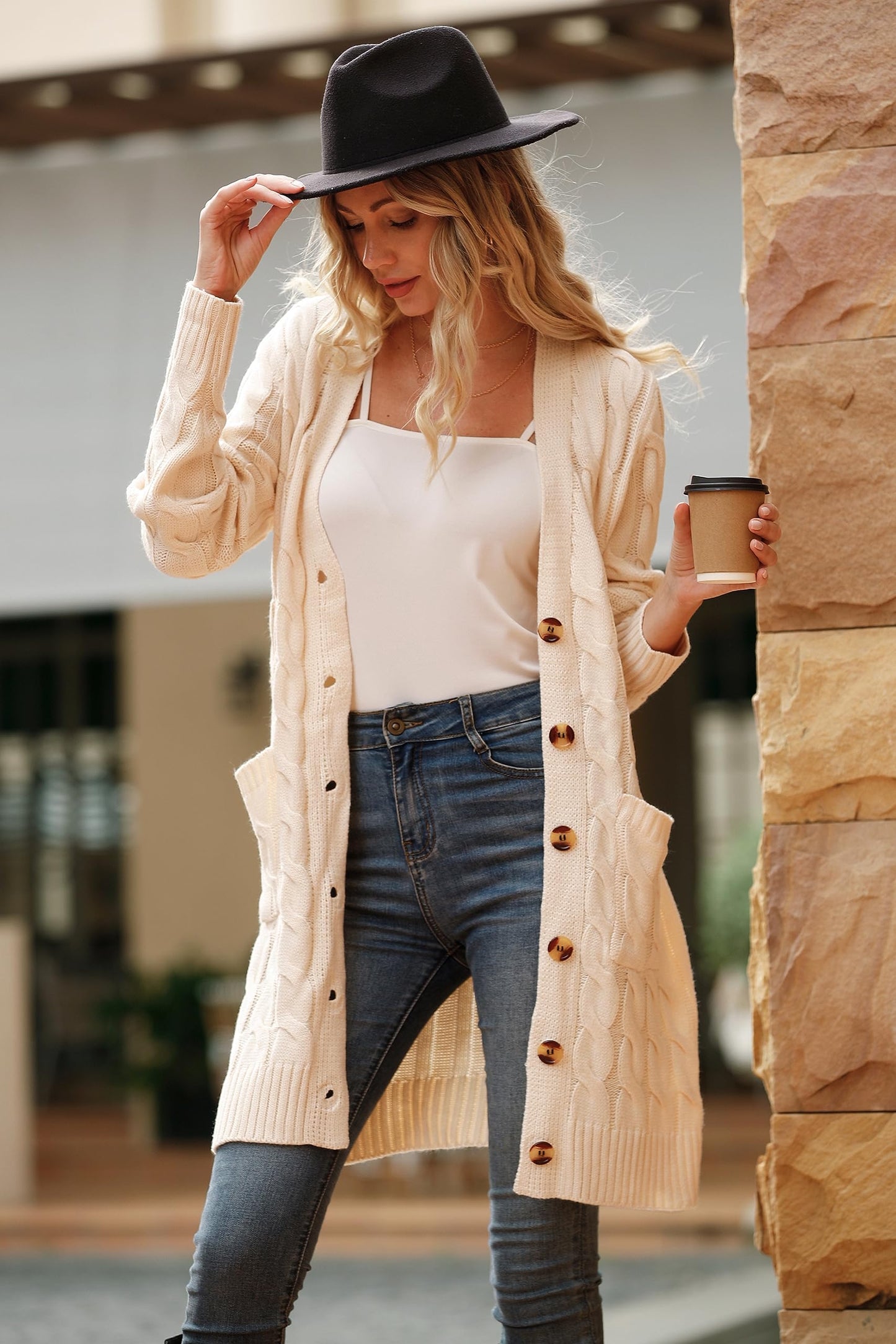 PRETTYGARDEN Long Sleeve Cable Knit Long Cardigan for Women 2024 Fall Winter Chunky Open Front Button Sweaters with Pockets