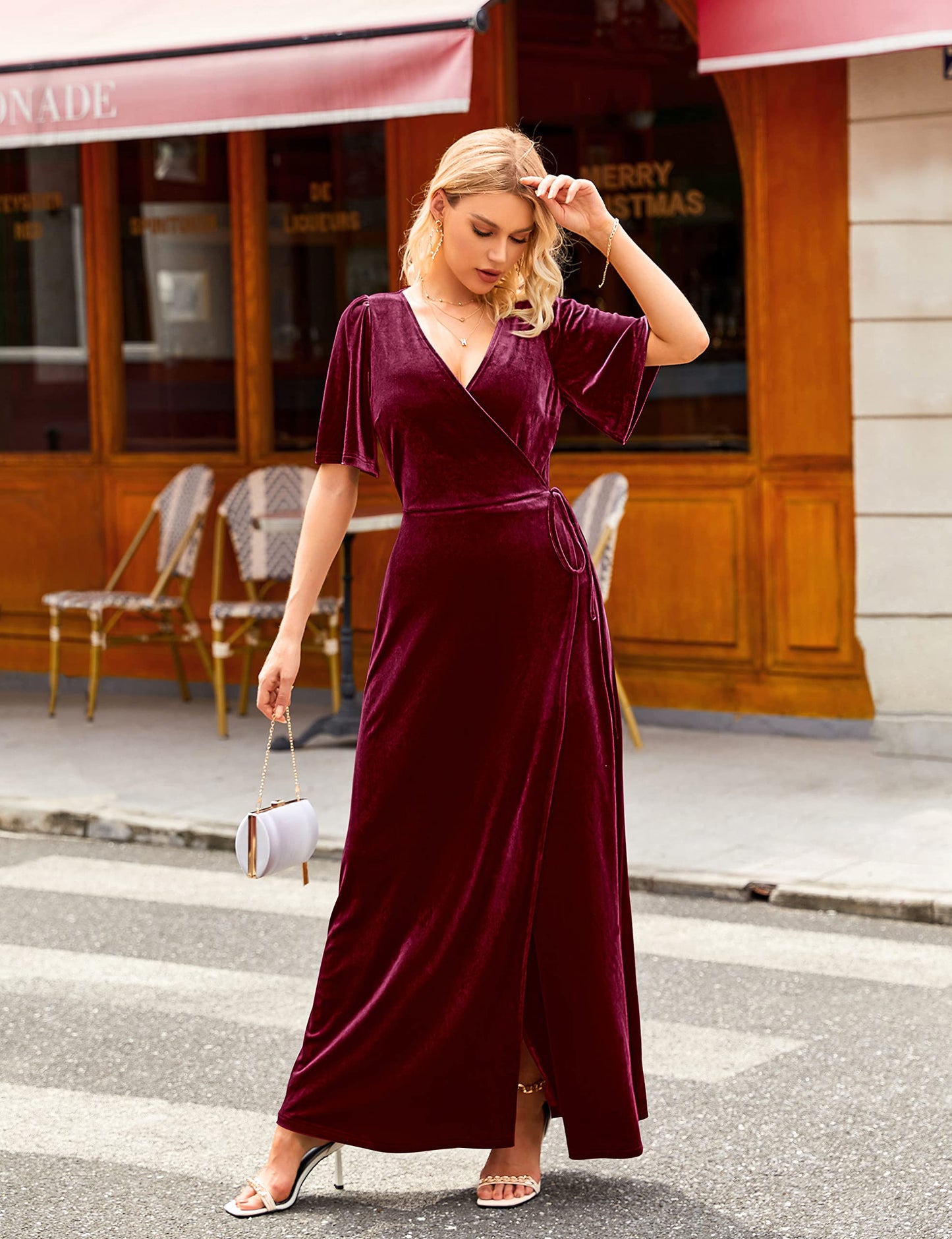 MEROKEETY Women's V Neck Wrap Velvet Maxi Dress Bell Sleeve Split Bridesmaid Cocktail Party Dresses