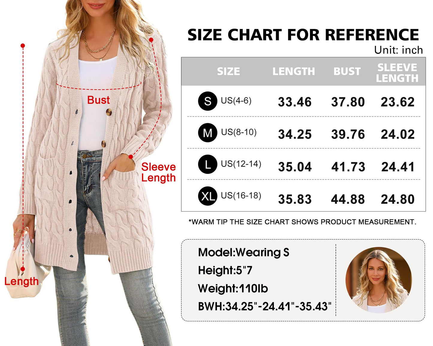 PRETTYGARDEN Long Sleeve Cable Knit Long Cardigan for Women 2024 Fall Winter Chunky Open Front Button Sweaters with Pockets