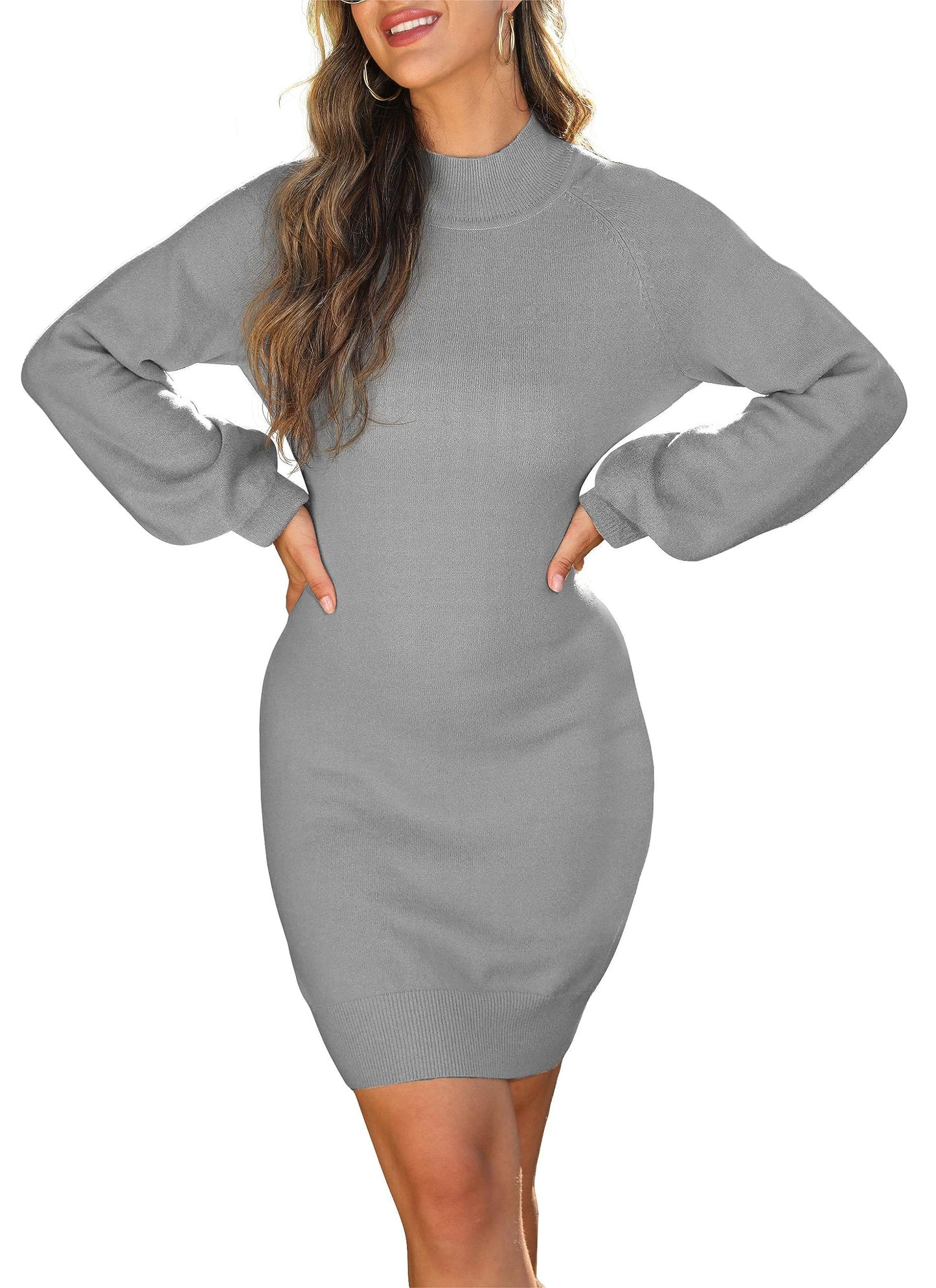 GRECERELLE Women's Mock Neck Ribbed Long Sleeve Bodycon Pullover Cute Mini Sweater Dress