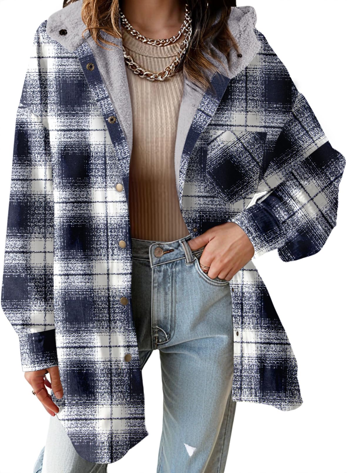 Dokotoo Women's Flannel Hooded Plaid 2024 Shacket Thick Coat Winter Coat for Warmth Button down Warm and Fuzzy Fleece Jacket