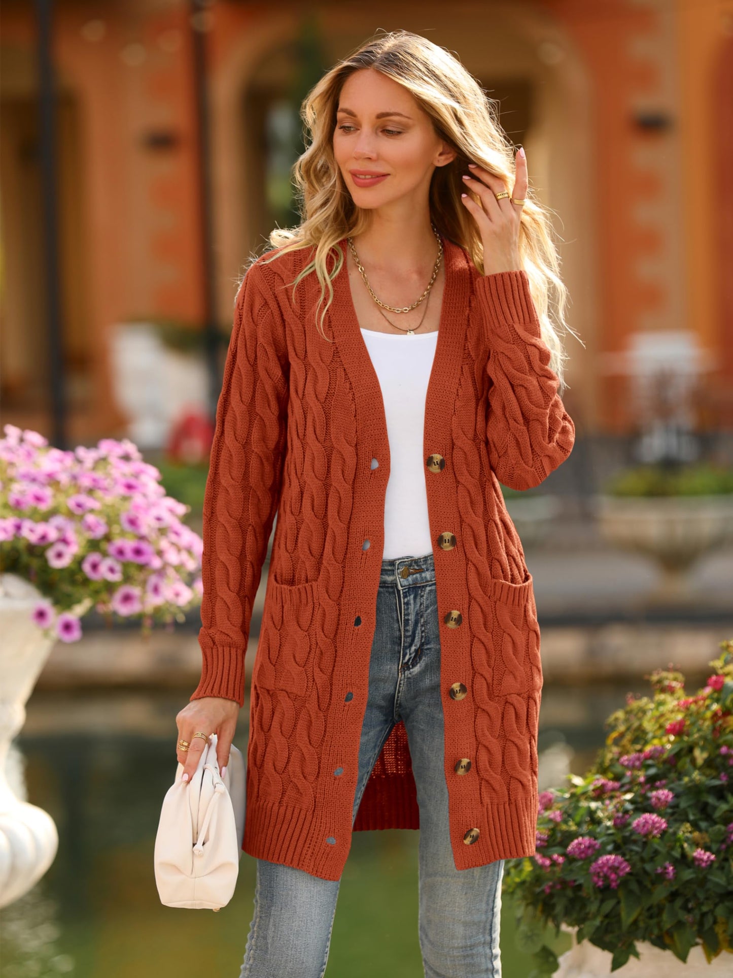 PRETTYGARDEN Long Sleeve Cable Knit Long Cardigan for Women 2024 Fall Winter Chunky Open Front Button Sweaters with Pockets