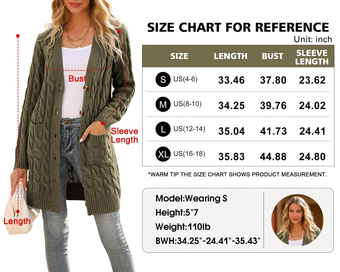 PRETTYGARDEN Long Sleeve Cable Knit Long Cardigan for Women 2024 Fall Winter Chunky Open Front Button Sweaters with Pockets