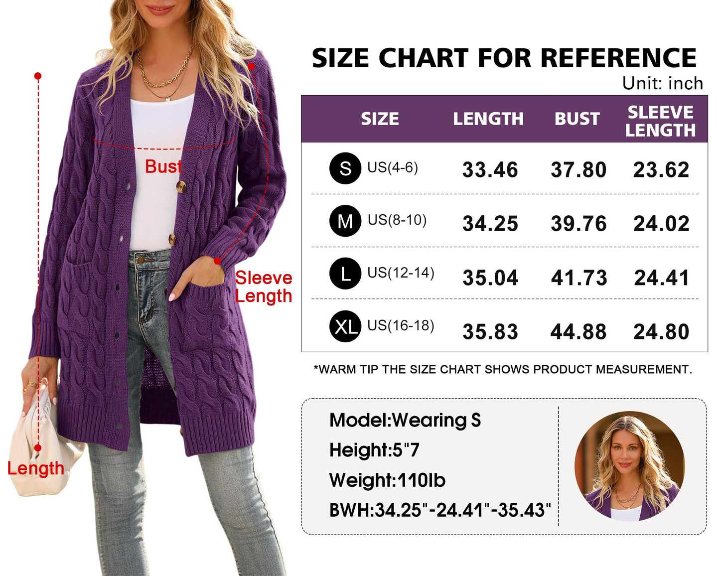 PRETTYGARDEN Long Sleeve Cable Knit Long Cardigan for Women 2024 Fall Winter Chunky Open Front Button Sweaters with Pockets