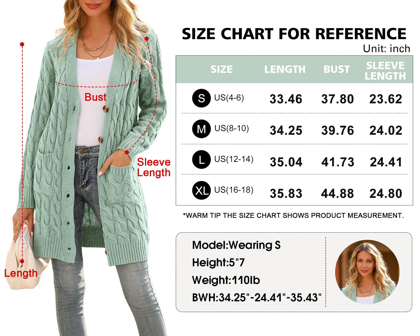 PRETTYGARDEN Long Sleeve Cable Knit Long Cardigan for Women 2024 Fall Winter Chunky Open Front Button Sweaters with Pockets