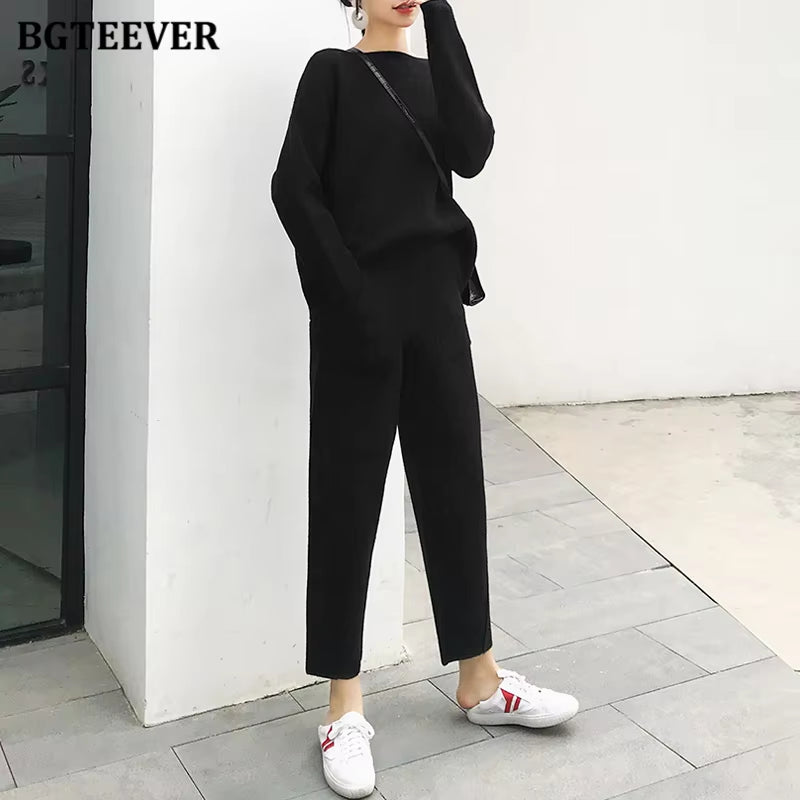 2021 Winter Casual Thick Sweater Tracksuits O-Neck Jumpers & Elastic Waist Pants Suit Female Knitted 2 Pieces Set