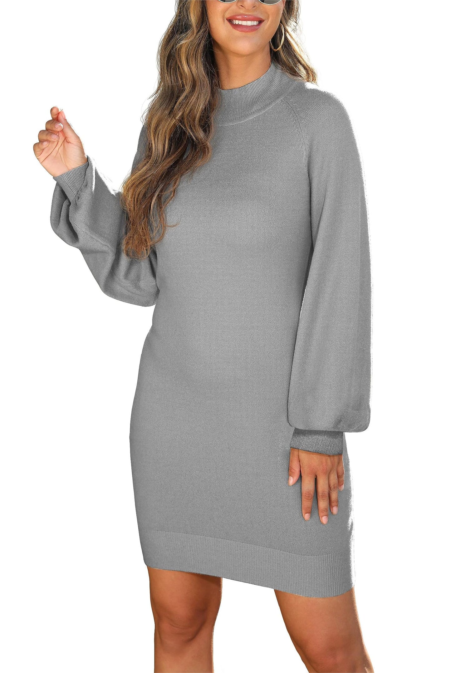 GRECERELLE Women's Mock Neck Ribbed Long Sleeve Bodycon Pullover Cute Mini Sweater Dress