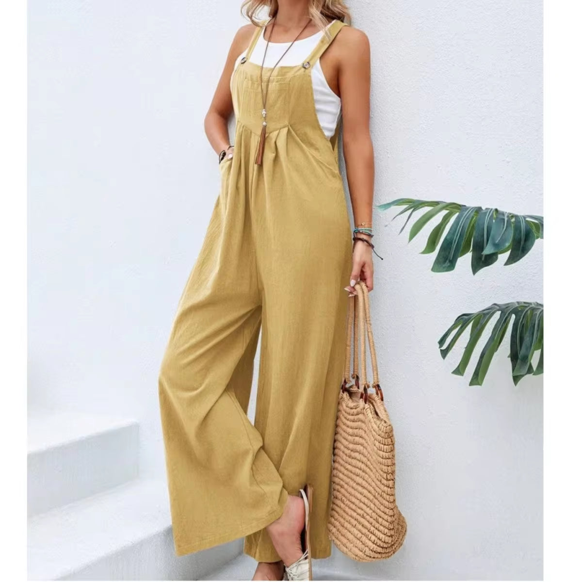 Summer Trendy New Pants Women Cotton Casual Jumpsuit Solid Multi-Color Wide Leg Straight Pants Office Lady'S All-Match Trousers